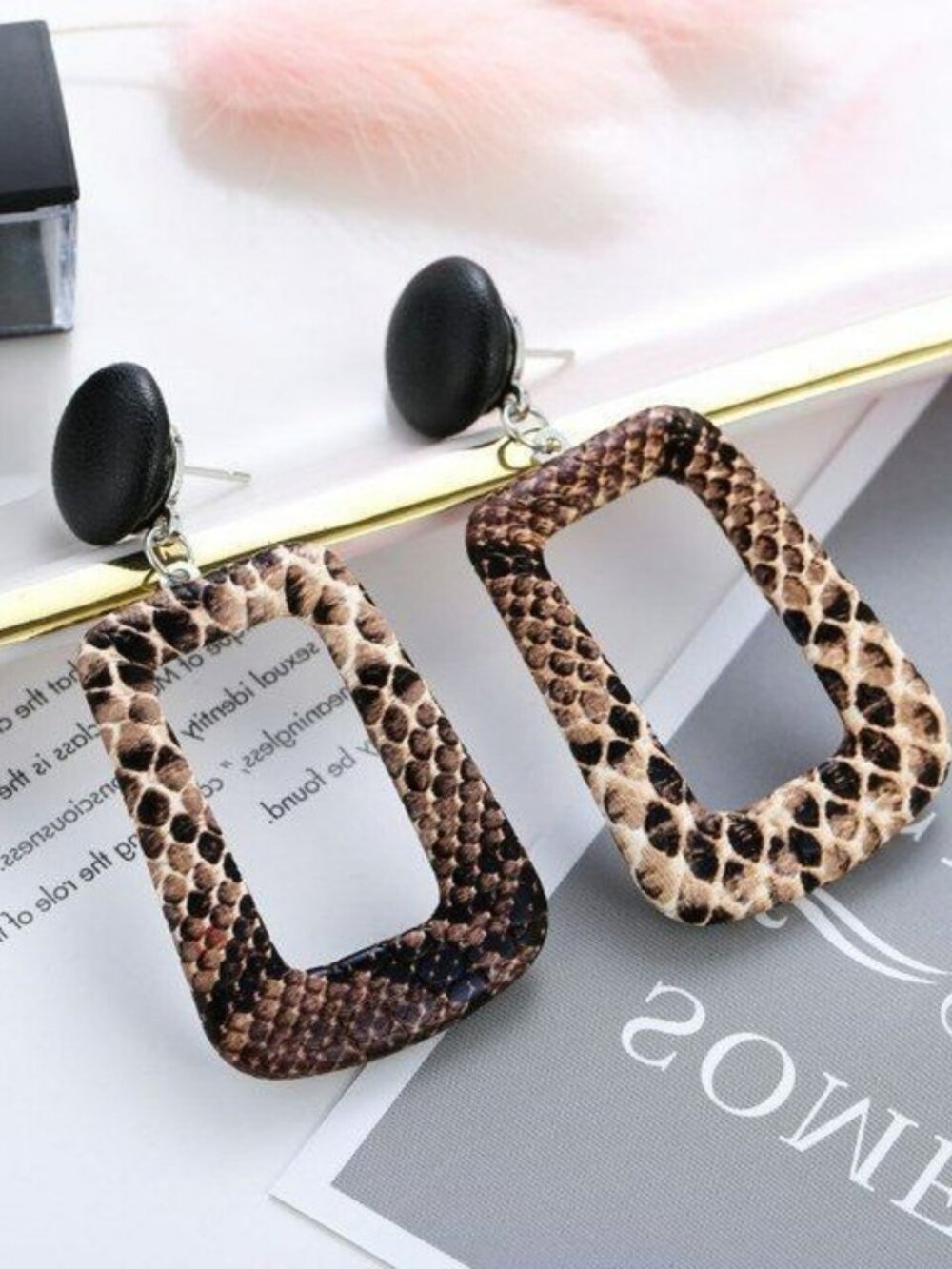 Briella Style Snake Skin Open Square Dangle Earrings Brown Black Gift Packaged